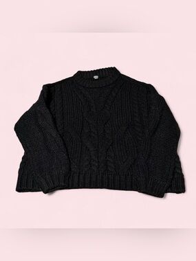 aerie Black Cable Knit Crew Sweater